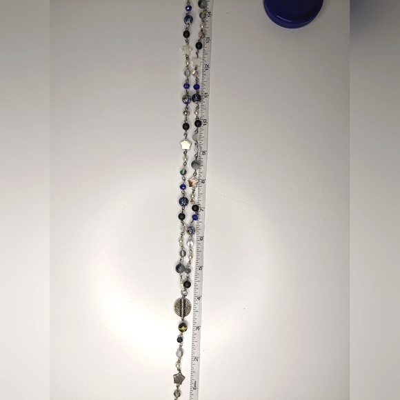 Long blue black and crystal beaded necklace. Handmade by me. - Picture 7 of 7